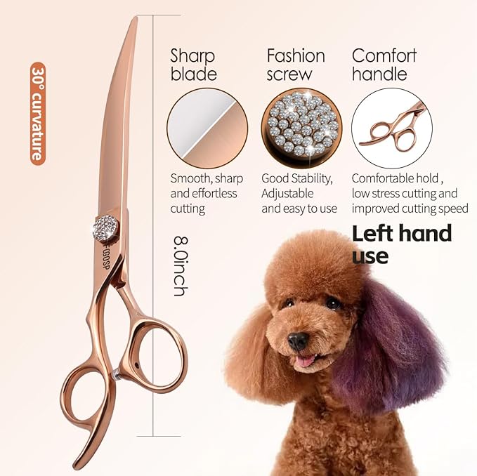 Rose Gold Titanium Professional Left Handed Curved Dog Grooming Scissors 8'' Downward 30° Japan 440C Pet Grooming Trimming Shears for Large Dog Poodle(8,Curved)