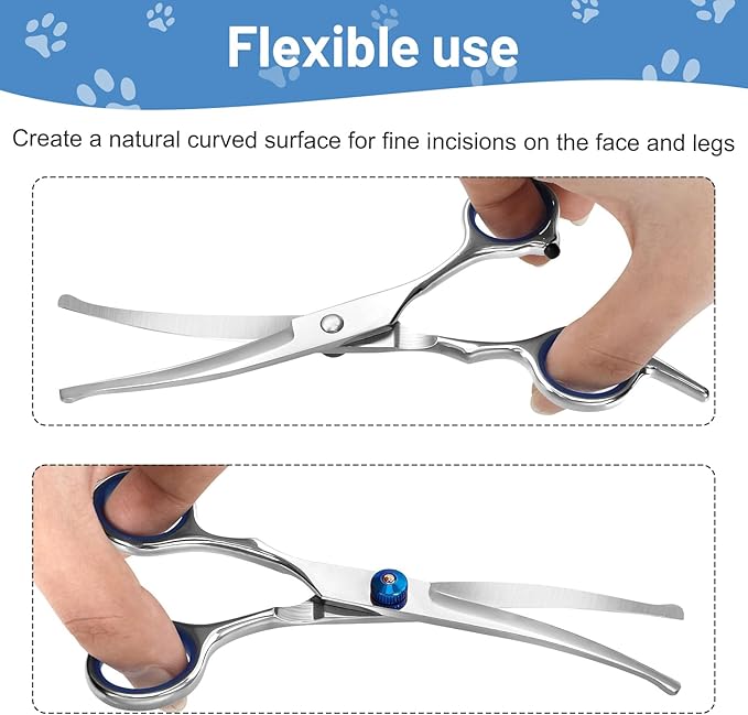 Curved Dog Grooming Scissors with Safety Round Tips, Light Weight Professional Pet Trimming Grooming Shears 4CR Stainless Steel for Nose Hair,Ear Hair,Face Hair,Paw Hair for Dogs and Cat
