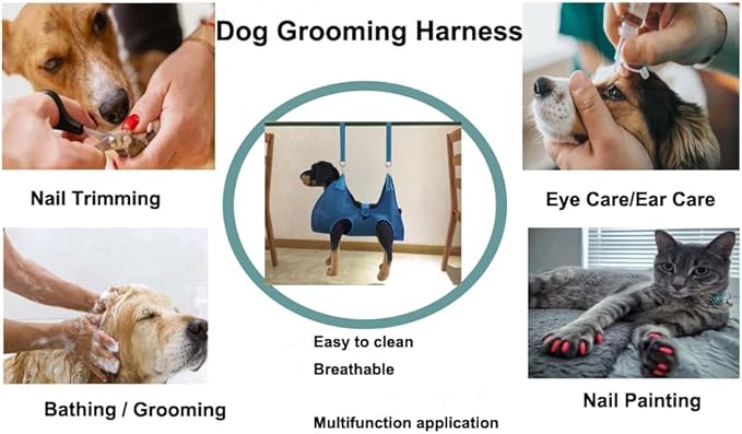 Dog Grooming Hammock with Flea Comb and Dog Nail Clipper, Pet Dog Grooming Hammock Harness with Cat Nail Clipper, Nail File and Dog Brush, Dog Sling for Nail Clipping/Nail Trimming (M, Blue)