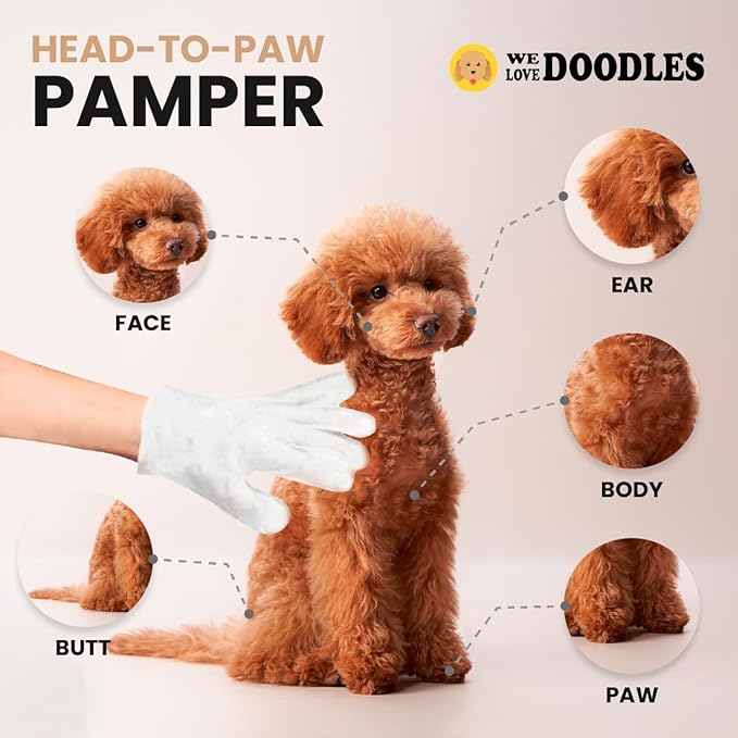 We Love Doodles Dog Cleaning Gloves Wipes - Pet Bathing Wipes for Dogs, Paws, Face, Body, Ears - Safe, Easy & Effective - Individually Packaged, Rinse-Free, Double-Sided, Alcohol-Free (6 Pieces)