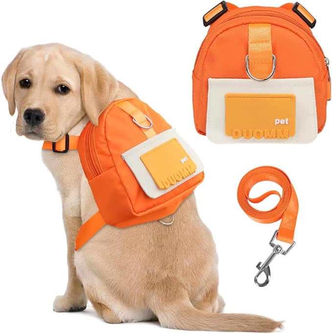 Dog Backpack Harness with Leash,Cute Pet Puppy Backpacks Bulid-in Dog Poop Bag Dispenser,Adjustable Pets Self Carrier Bag for Small Medium Dogs Travel Hiking Daily Walking(M, Orange)