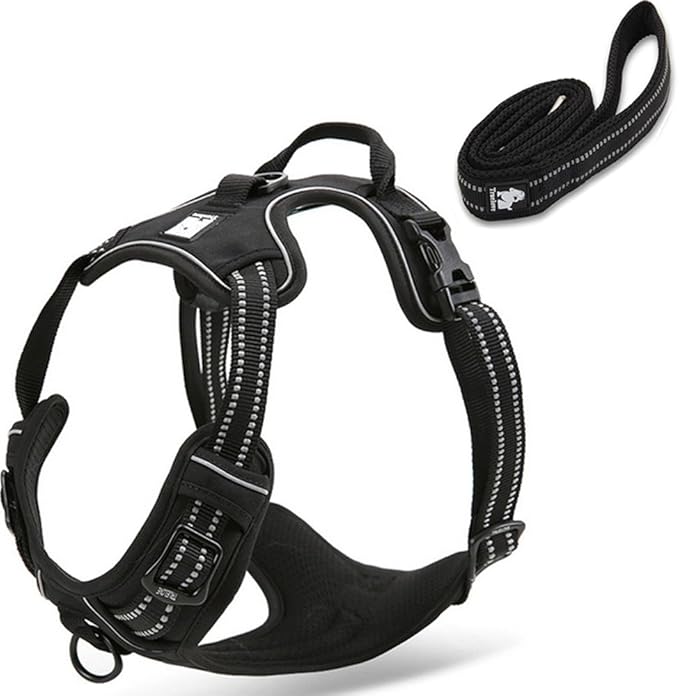 Reflective Nylon No-Pull Dog Harness and Training Leash Set Padded Durable Adjustable(XL, Black Set)