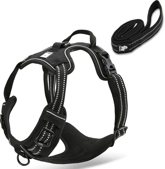 Reflective Nylon No-Pull Dog Harness and Training Leash Set Padded Durable Adjustable(XL, Black Set)