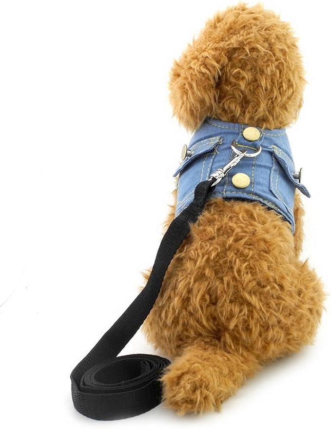 SMALLLEE_LUCKY_STORE Small Dog Cat Denim Jacket Vest with D-Ring Puppy Harness and Leash Set Escape Proof No Choke Soft Mesh Padded,Light Blue S