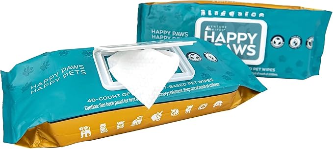Venture Wipes Happy Paws - Natural Pet Wipes for Dogs and Cats - Biodegradable Grooming Wipes for Paws, Eyes, Ears, and More - Large Cleansing Cloths for Pet Care Essentials (Pull Pack - 40 Count)