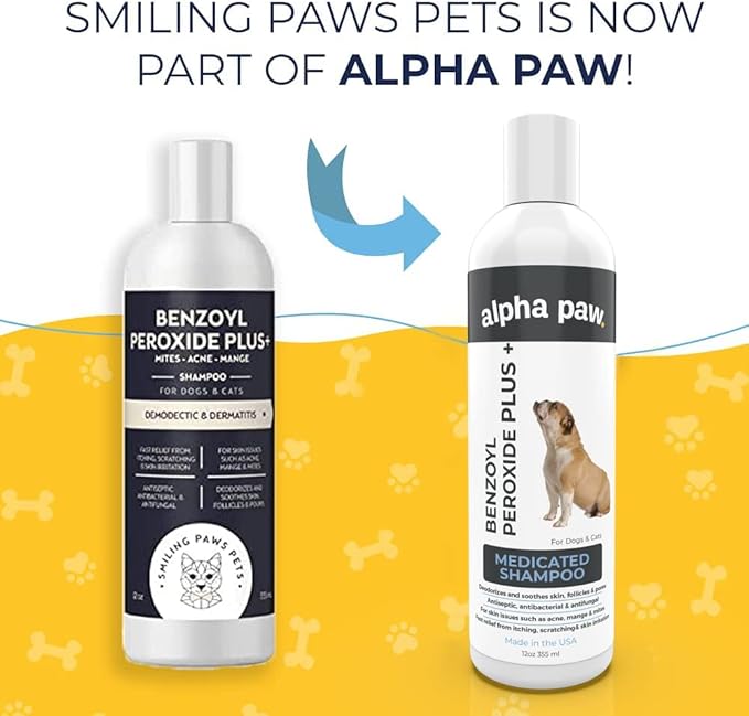 Smiling Paws Pets - Itch Relief Shampoo & Brush for Pets - Contains Benzoyl Peroxide - Kills Fleas - Relieves Allergies, Itching, Dermatitis, Mange, Dandruff, Acne, Demodex, Seborrhea, Pyoderma - 12oz