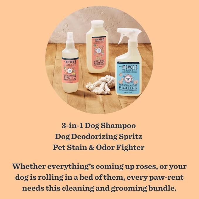 Mrs. Meyer's Clean Day Dog Care Kit, Includes 3in1 Dog Shampoo - White Peach, Dog Deodorizing Spritz - White Peach and Pet Stain & Odor Fighter - Coconut Leaf