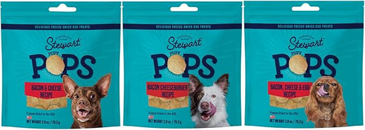 Stewart Freeze Dried Dog Treats, PuffPops, Bacon Lover’s Variety Pack (Bacon Cheeseburger, 2.8 oz. + Bacon & Cheese, 2.8 oz. + Bacon, Egg & Cheese, 2.8 oz.) Limited Ingredient Bacon Dog Treats