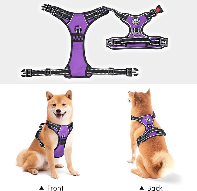 PoyPet No Pull Dog Harness, No Choke Front Lead Dog Reflective Harness, Adjustable Soft Padded Pet Vest with Easy Control Handle for Small to Large Dogs(Purple,S)