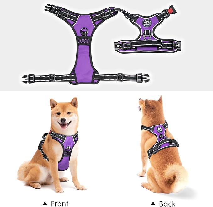 PoyPet No Pull Dog Harness, No Choke Front Lead Dog Reflective Harness, Adjustable Soft Padded Pet Vest with Easy Control Handle for Small to Large Dogs(Purple,XS)