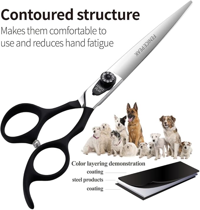 Fenice Peak 8.0'' Dog Straight Scissors For Grooming Pet Hair Cutting Shears 440C Stainless Steel Black Non-Slip Handle Sharp Blades Professional Pet Trimming Scissors for Cats
