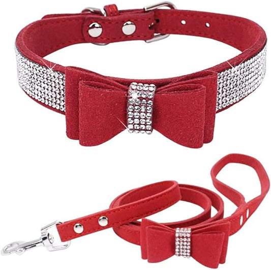 Rhinestone Bowtie Small Dog Collar and Leash Set, Diamond Puppy Collars Bow Crystal Bling Jeweled Glitter Girl Female Adjustable for XXSmall X-Small Small Medium Large Dogs (Red-1,XXSmall)