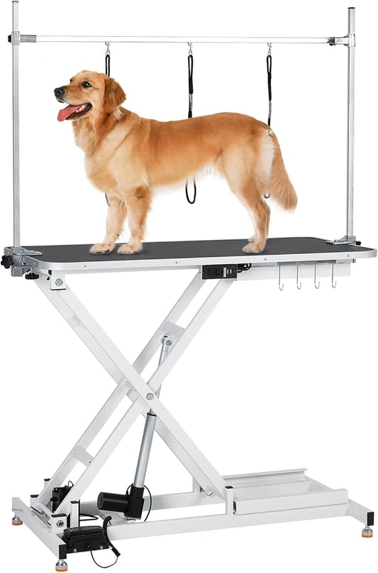 Upgraded Electric Dog Grooming Table - Heavy Duty, Height Adjustable (9.4"-39.4") Pet Grooming Table w/Leveling Wheels, X Lift, Anti Slip Tabletop & Tool Organizer/Dog Grooming Station, 47"/White