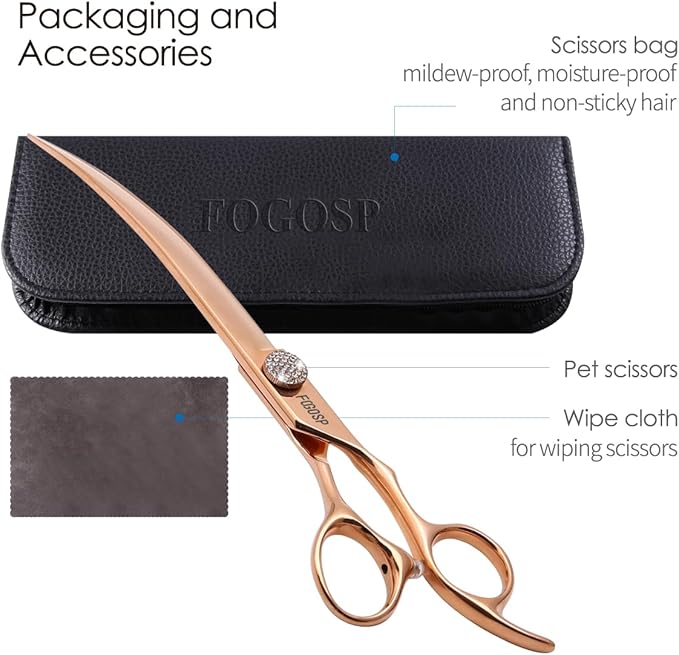 Rose Gold Titanium Curved Dog Grooming Scissors 8'' Downward 30° with Jewelled Screw Japan 440C Professional Pet Grooming Trimming Shears for Large Dogs Poodle(8,Curved)