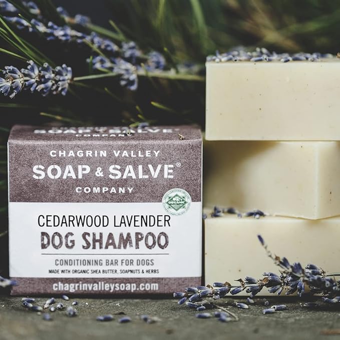 Certified Organic Dog Shampoo and Conditioner - Dog Shampoo Itchy Skin Relief and Puppy Essentials - Natural Handmade Cedarwood Lavender, 3.8 oz Bar Soap - Chagrin Valley Soap & Salve