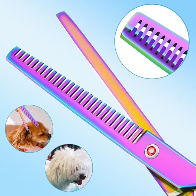 LILYS PET Safe Round-Tip Professional PET DOG Grooming Coated Titanium scissors suit Cutting&Curved&Thinning shears Set (Rainbow)