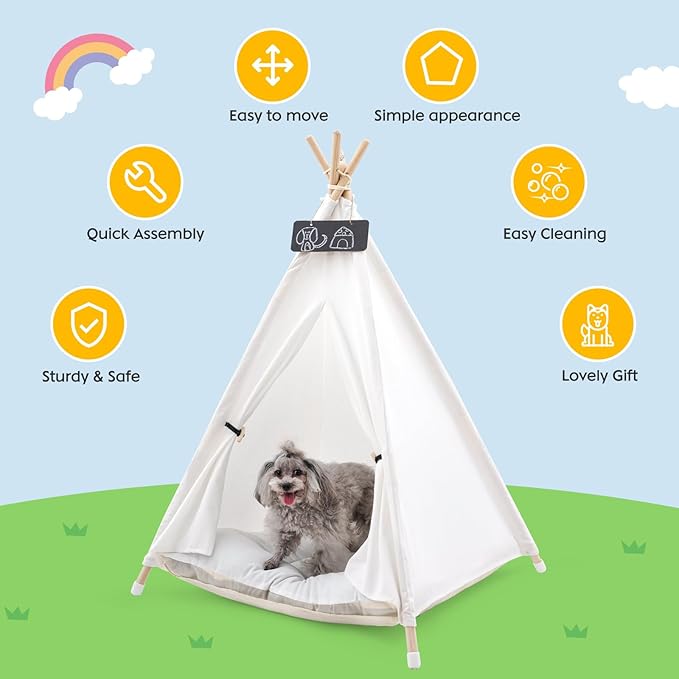 Pet Teepee Tent for Large Dogs with Thick Cushion/Bed, Portable Dog House, Puppy Teepee for Cats Dogs Rabbits (Large Size)