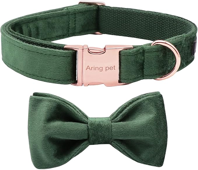 ARING PET Dog Collars with Bowtie-Velvet Dog Bow tie Collar, Adjustable Dark Green Dog Collar