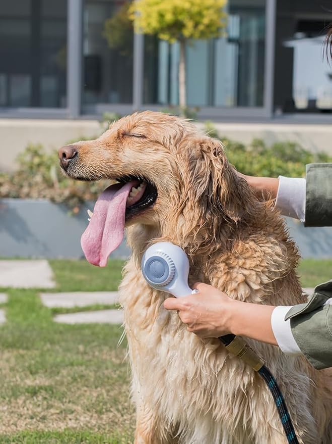 Dog Shower Head with Brush – 3-in-1 Pet Grooming Tool with Shampoo Dispenser & Stainless Steel Hose – Indoor/Outdoor Use – Compatible with ¼” Faucet & ¾” Hose Adapter