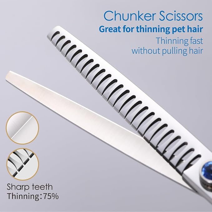 Left Handed Dog Grooming Scissors Kit 7.5 in Professional Curved Thinning Straight Shears 3pcs Set for Grooming Big Dogs Poodle Pet Japan 440C Stainless Steel(7.5'' Kit, 4Pcs)