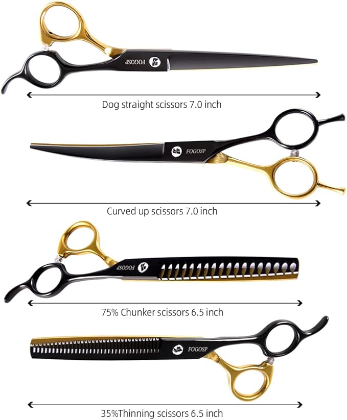 Dog Grooming Scissors Kit for Small Dogs, Black and Gold Two-Color Blender Shears Chunker Shears Curved Scissors Straight Scissors 4 pcs Set(Black&Gold,Kit)