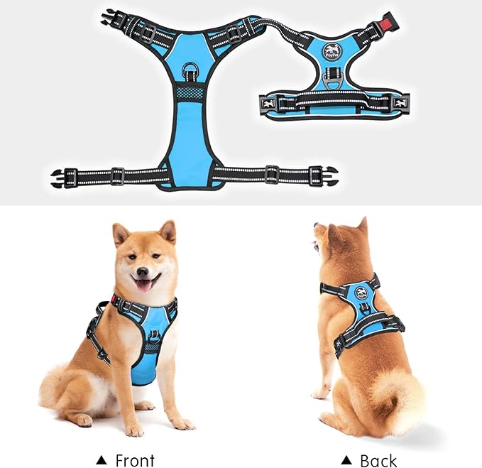 PoyPet No Pull Dog Harness, No Choke Front Clip Dog Reflective Harness, Adjustable Soft Padded Pet Vest with Easy Control Handle for Small to Large Dogs(Light Blue,M)