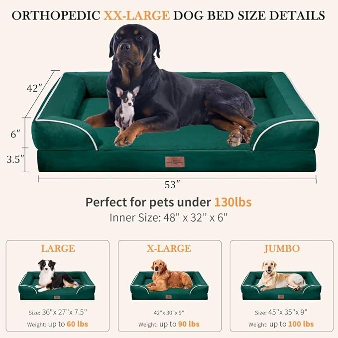 Orthopedic Dog Bed Waterproof, XXL Dog Beds for Oversized Dogs, Washable Dog Sofa Bed with Removable Cover & Non-Slip Bottom(XX-Large,Emerald)