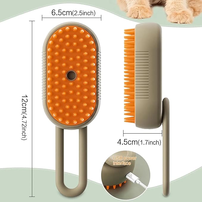 Pet Grooming Steam Brush for Dogs and Cats, Rechargeable Pet Hair Brush, Soft and Comfortable Bathing Brush for Shedding and Cleaning, Suitable for Long/Short Hair (Olive)