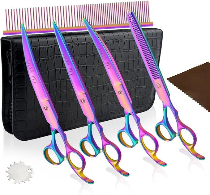 LILYS PET Professional PET DOG Grooming Coated Titanium scissors suit Cutting&Curved&Thinning shears (7.0 inches, Rainbow)…