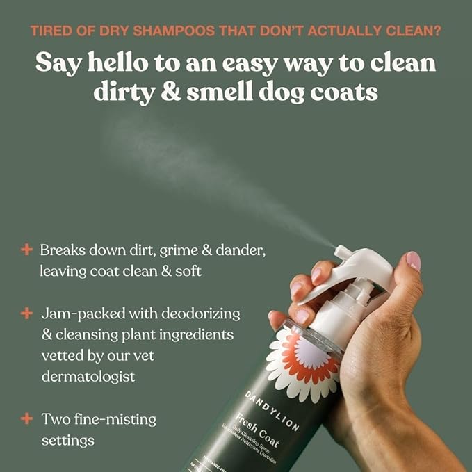Dandylion Fresh Coat No Rinse Dog Shampoo | Waterless Daily Cleansing Spray for Clean & Fresh Coat | Gentle & Cruelty-Free Dry Shampoo for Dogs | Plant-Based, Fragrance Free & Vet Approved | 8.4 fl oz