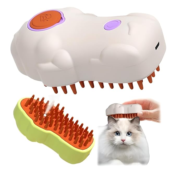 Cat Steam Brush: 3-in-1 Pet Grooming Steamer, Steamy Hair Brush for Cats, Undercoat Removal, Detangle, Removes Fleas, White, Hair Brush