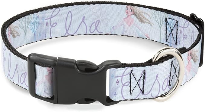 Disney Pet Collar, Dog Collar Plastic Buckle, Frozen Elsa Snowflake Pose with Trees and Script Blues, 8.5 to 12 Inches 0.5 Inch Wide