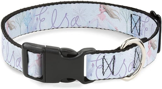 Disney Pet Collar, Dog Collar Plastic Buckle, Frozen Elsa Snowflake Pose with Trees and Script Blues, 20 to 31 Inches 1.5 Inch Wide