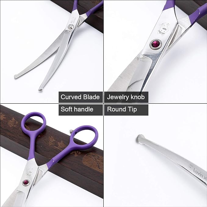 LovinPet Pet Grooming Scissors 7" Curved Right/Left-Handed Pet Round-Tip Grooming 6CR Stainless Steel Safety Trimming Shears for Dogs and Cats (Easy use Curved Scissor)