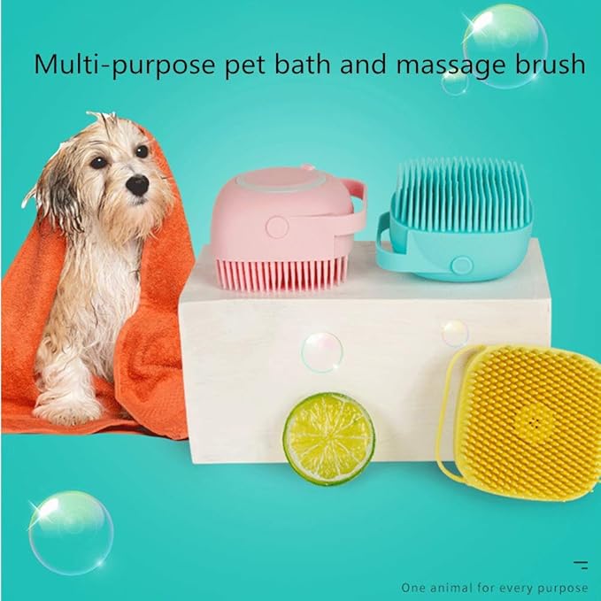 Portable Dog Bath Brush - Pet Massage Brush Shampoo Dispenser, Soft Silicone Brush Rubber Bristle for Dogs and Cats Shower Grooming (Pink)