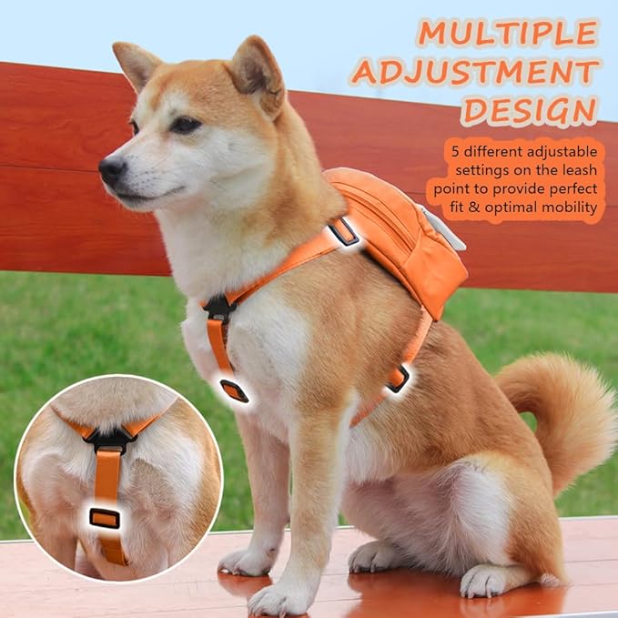 Dog Backpack Harness with Leash,Cute Pet Puppy Backpacks Bulid-in Dog Poop Bag Dispenser,Adjustable Pets Self Carrier Bag for Small Medium Dogs Travel Hiking Daily Walking(M, Orange)