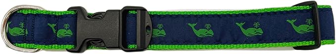 Heavy Duty Adjustable Dog Collar or Dog Leash - Ideal Dog Collars and Leashes Come in Multiple Sizes for All Pets. Preppy Green Whales on Navy (X-Small Collar, 3/4 inch Wide)
