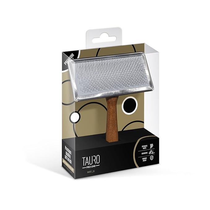 TAURO PRO LINE Wooden Dog Brush for Shedding Long and Short Hair, Wooden Soft Slicker for Grooming Haired Dogs and Cats, Metal Teeth And Sleek Design, 5,31 x 4,72 inch, L, Brown