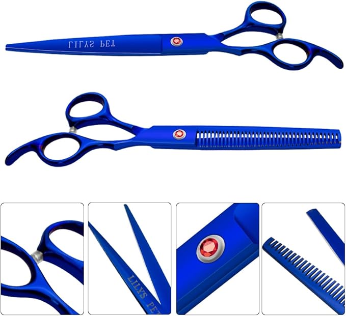 LILYS PET Professional PET DOG Grooming Coated Titanium scissors suit Cutting&Curved&Thinning shears (7.5 inches, Blue)…