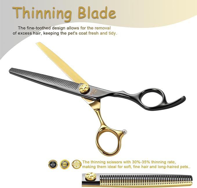 Black & Gold Professional Thinning Dog Grooming Scissors with Decorative Screw Sharp and Durable Japanese 440C Stainless Steel Pet Cat Texturizing Thinner Shears with Safe Round Tip 7''