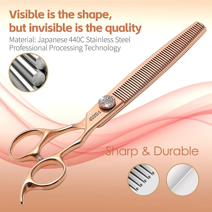 Rose Gold Titanium Thinning Shears for Dogs 50 Teeth 7.5'' Professional Blending Thinner Scissors for Dog Poodle Pet Japanese 440C Sharp and Durable Right Handed(7.5,Thinner)