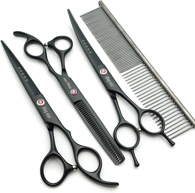 Kingstar 7.0in. Matt Black Professional Pet Grooming Scissors Set,Straight & Thinning & Curved Scissors Set with Comb case A389