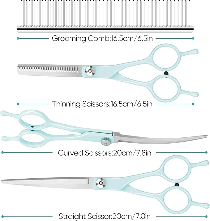 Dog Cat Grooming Scissors Kit,Pet Grooming scissors Set,Dog Scissors for Grooming,Incude Thinning,Straight,Curved Grooming Scissors and Comb for dogs, cats.