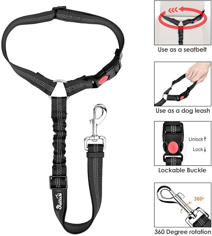 Lukovee Dog Car Seat Belt, 2 Pack Headrest Restraint Seatbelt, Adjustable Pet Safety Leads with Reflective Elastic Bungee for Dog Harness Collar Travel Daily Use (Black,Headrest)