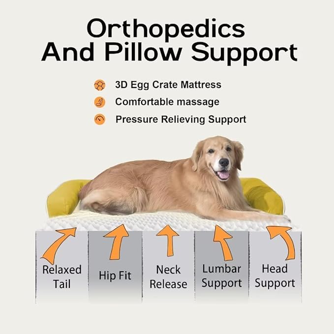Large Dog Bed Orthopedic Washable - Couch Sofa - XL Large Big Dogs - Beds Bolster Pet - Memory Foam - Waterproof with Removable Cover - Ginger Yellow Dog Bed