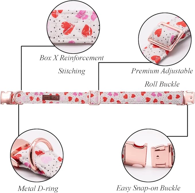 Lionet Paws Valentine Day Dog Collar, Heavy-Duty Cute Pink Heart Pattern Collar with Metal Buckle Pet Necklace for Small Dog Gift, Neck 10-16 inches