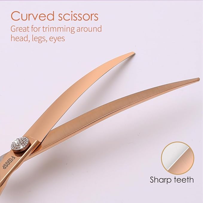 Rose Gold Titanium Curved Dog Grooming Scissors 8'' Downward 30° with Jewelled Screw Japan 440C Professional Pet Grooming Trimming Shears for Large Dogs Poodle(8,Curved)