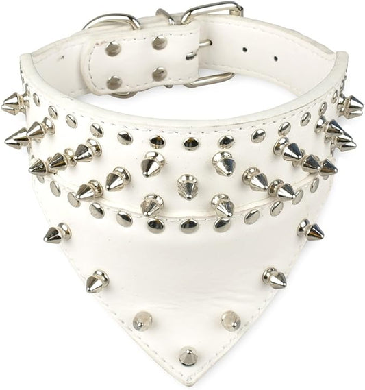 Dogs Kingdom 20"-26" Length Triangle Collar Design Spiked Silver Rivets Studded Leather Dog Collar Heavy Duty for Medium Large Breeds Pitbull Mastiff Boxer Bully White L