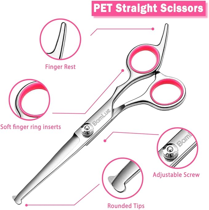 Bamlue 6 in 1 Professional Stainless Steel 4CR Safety Round Tip Dog Grooming Scissors, Anti-Rust Shears Cat Grooming Scissors Pet Kit, Thinning Straight Comb for Long Short Hair-Pink