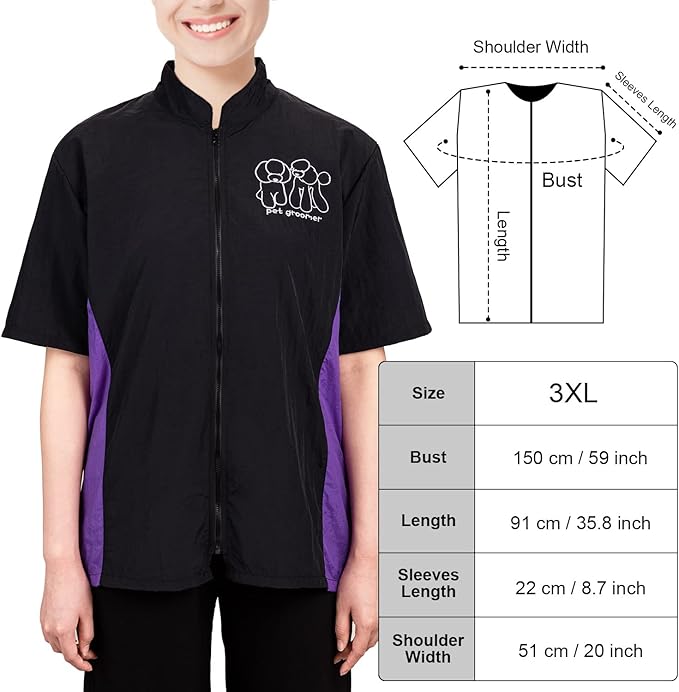Noverlife Short Sleeves Pet Grooming Workwear With Full Zipper, 3XL Size, Anti-Static Beautician Smock, Lightweight Groomer Cosmetologist Uniforms Style Dog Cat Jacket for Men Women